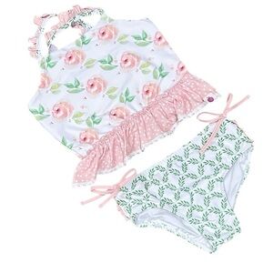 Cheeky Plum Swim 2 piece Bikini Floral & Leaf Print green, white, & peach sz 5t